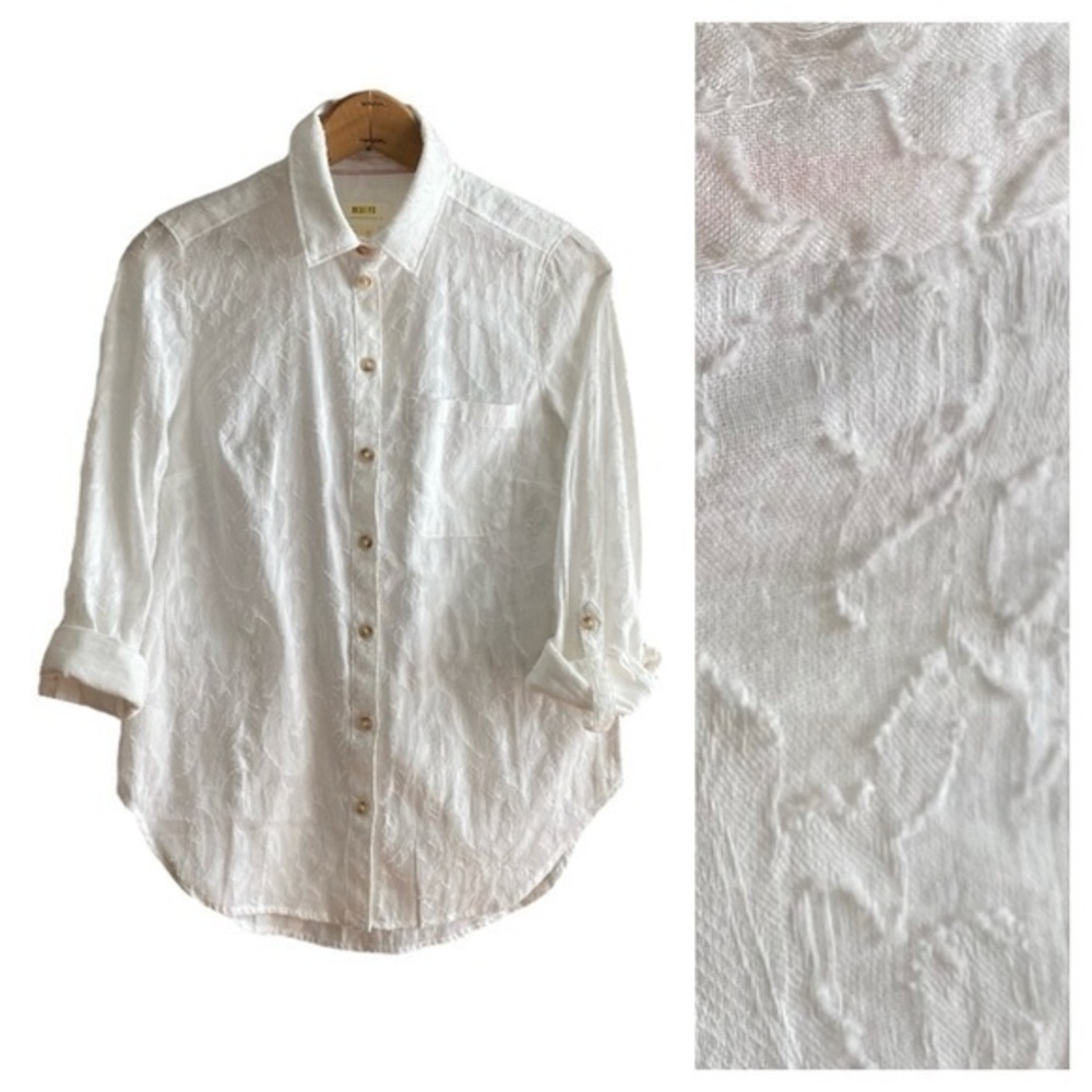 Anthropologie Maeve White Textured Button Down Top 0